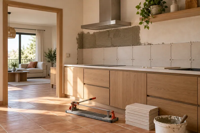 Visualización conceptual IA: Colocación de azulejos con separadores y adhesivo sobre una pared de cocina.