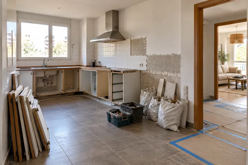 Visualización conceptual IA: Retirada de muebles y revestimientos al comienzo de una reforma de cocina.