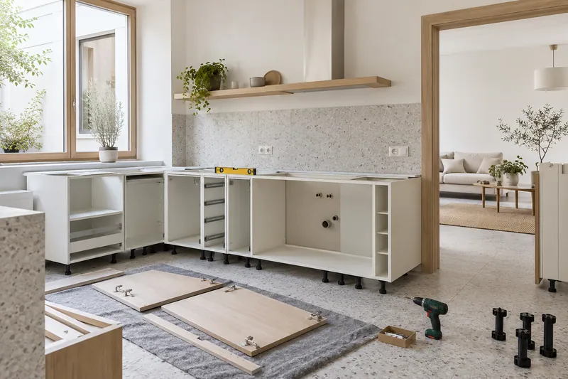 Visualización conceptual IA: Módulos de cocina en montaje con puertas pendientes de colocar.