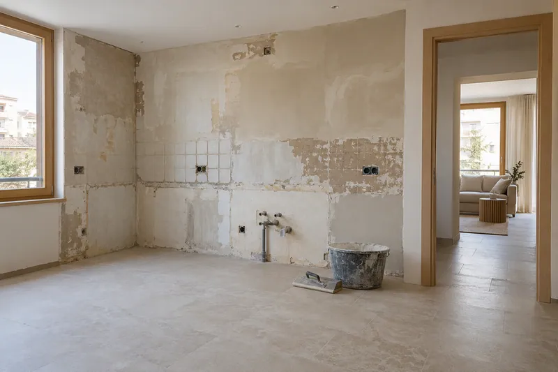 Visualización conceptual IA: Cocina sin muebles con paredes en preparación y zonas de enlucido.